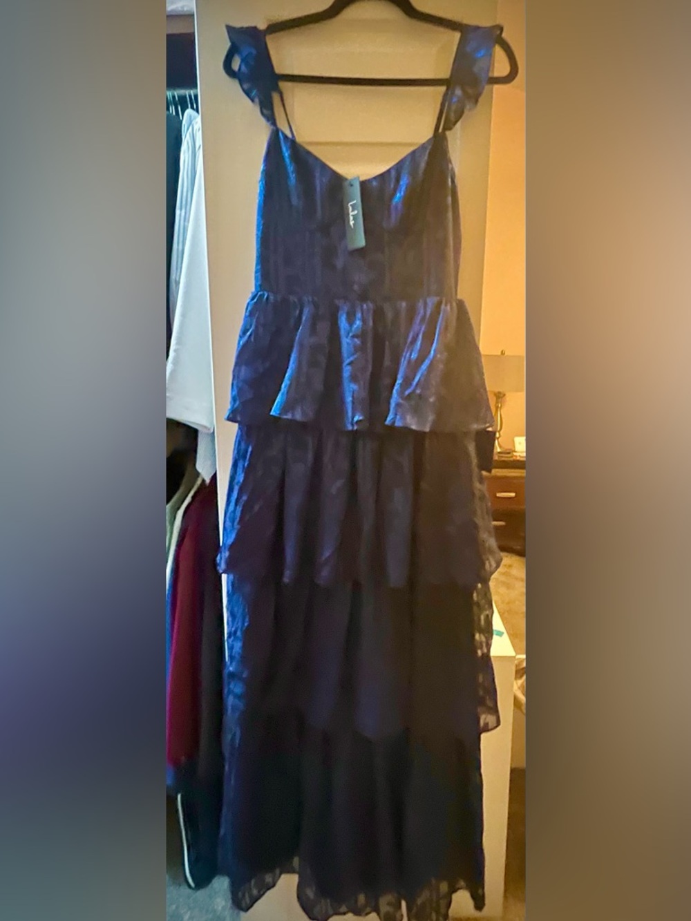 Lulus Stunning Glory Navy Blue Floral Jacquard Tiered Maxi Dress - Size S - Picture 5 of 5